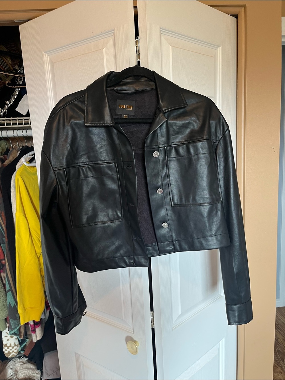 TRUTH Black Cropped Faux Leather Jacket with Patch Pockets